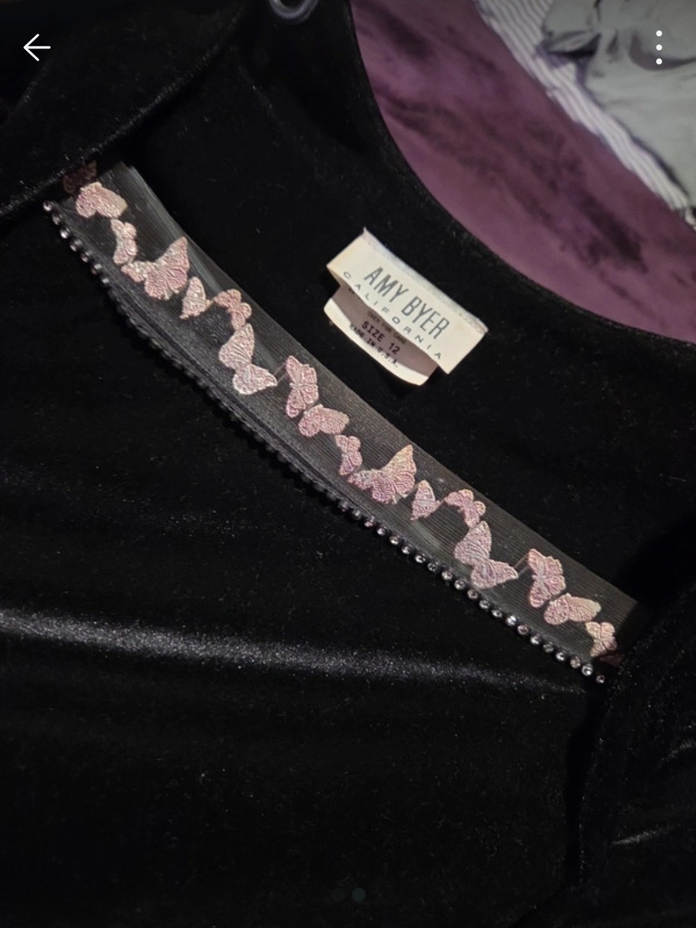 Amy Byer Black Velvet Top with Pink Butterfly Trim